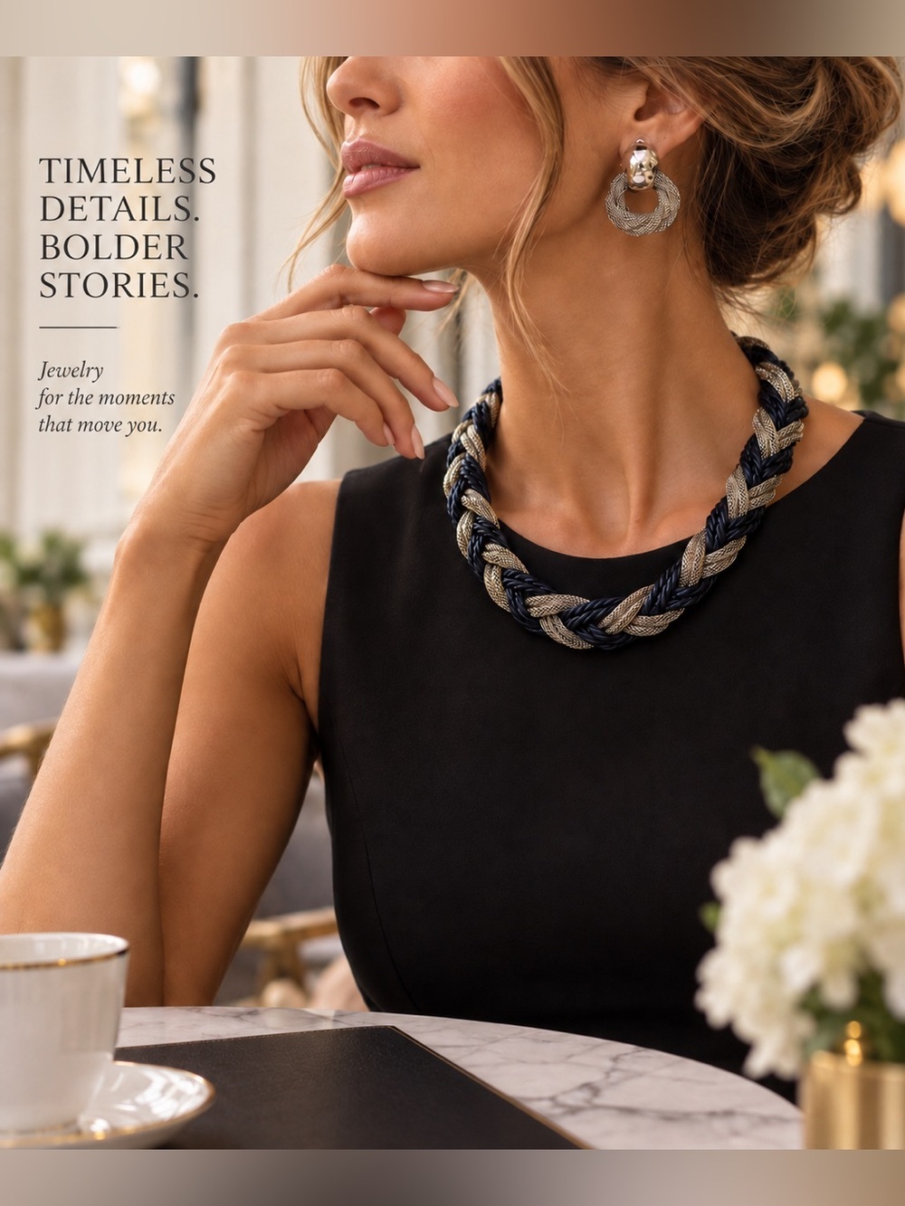 Silver & Marine Blue Choker Necklace Multi-Layer Braided Chains & Earrings